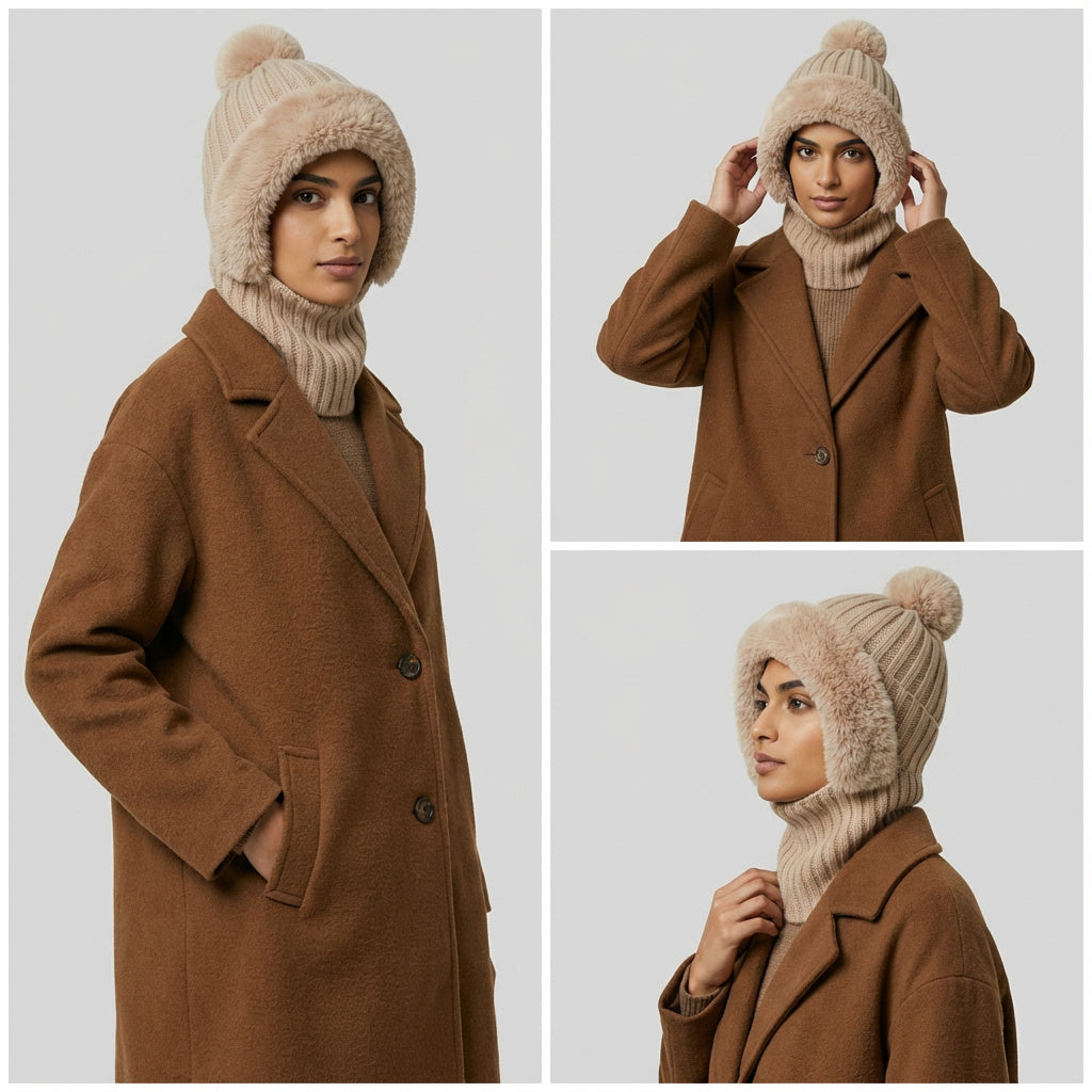 Peluş Astarlı Yün Örgü 3’ü 1 Arada Kış Şapkası