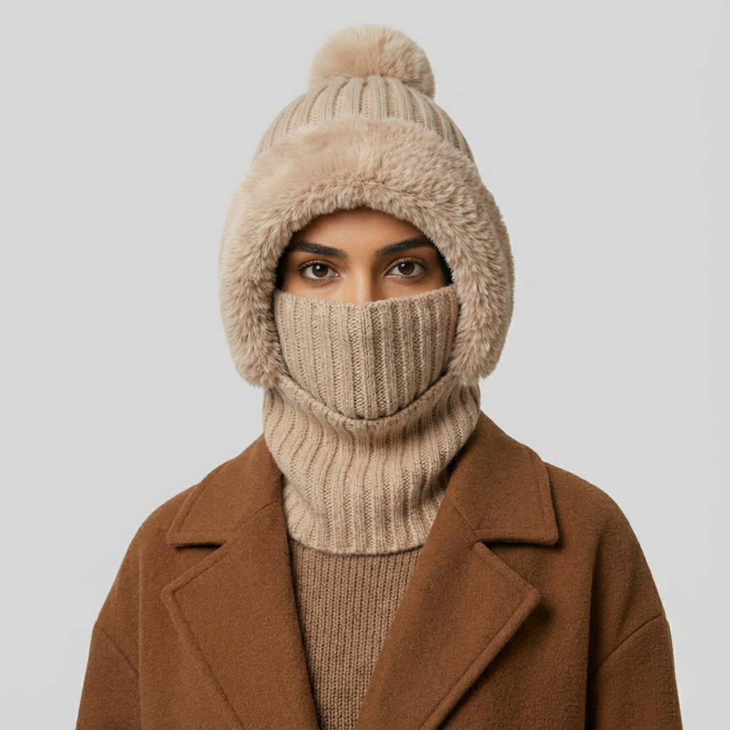 Peluş Astarlı Yün Örgü 3’ü 1 Arada Kış Şapkası